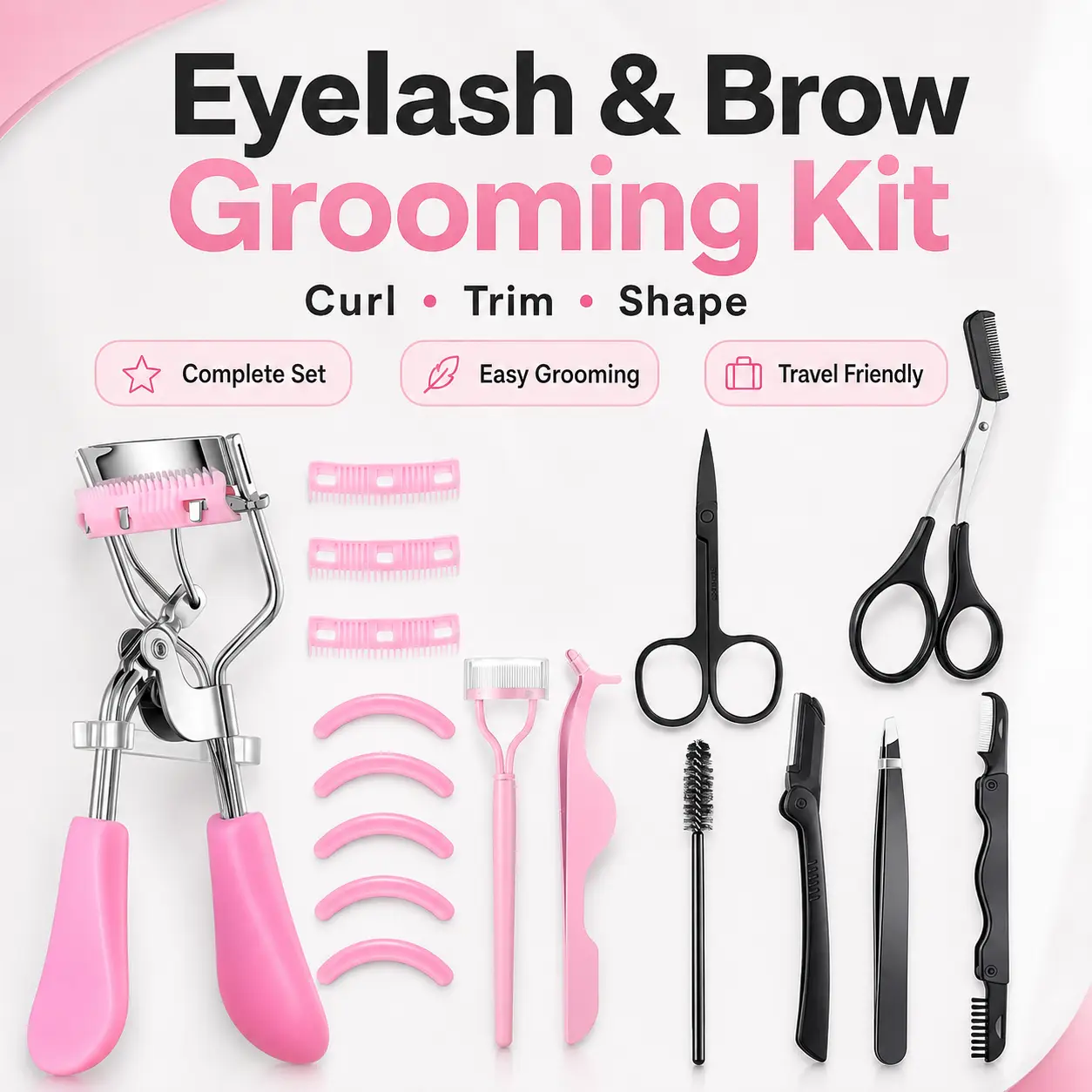 Nigeriaskin -makeup-remover-tools-brushes-sd-29737- (1) Eyelash Curler 9Pcs Set with Comb & Pink Handle - Image 1