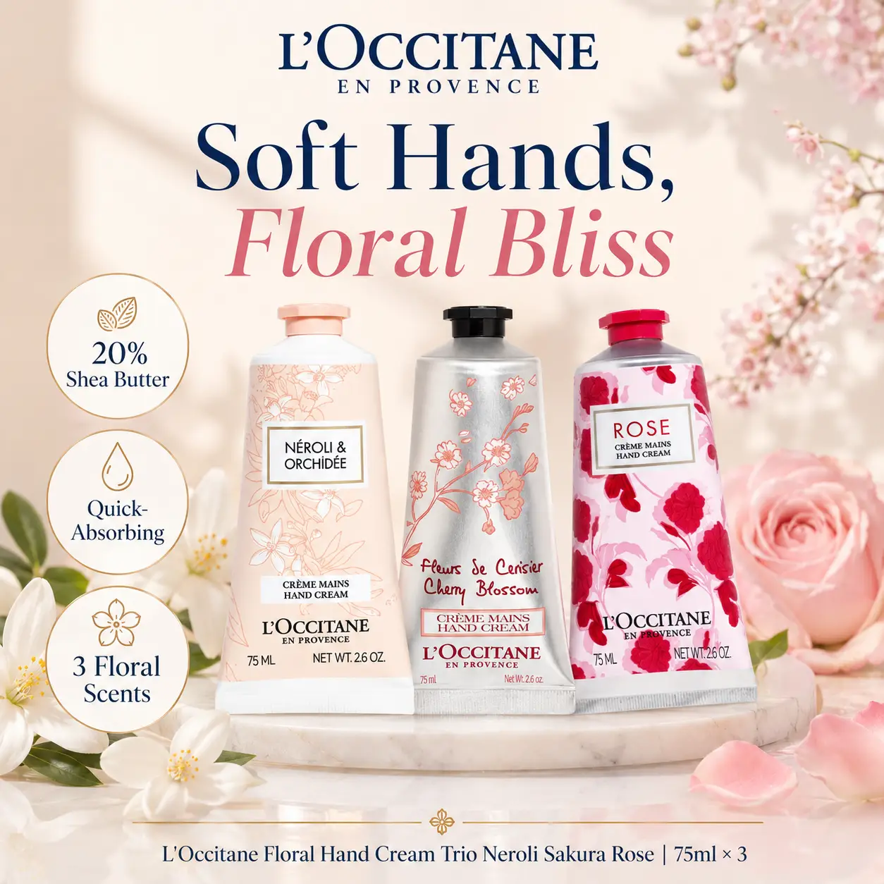 l'occitane-bodycare-hand-footcare-sd-28666 (1) L'Occitane Pink Flowers Hand Cream Trio - Image 1
